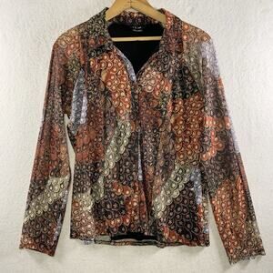 Womens Patchwork Print Mesh Y2K Top Sz L Sheer Boho Eclectic Whimsigoth Indie